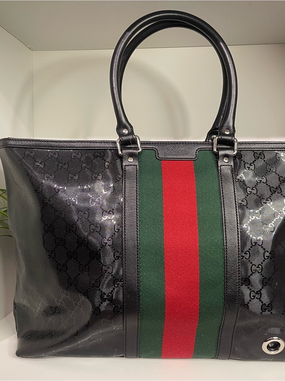 Gucci Black GG Imprime Canvas Tote with Green and Red Center Stripe